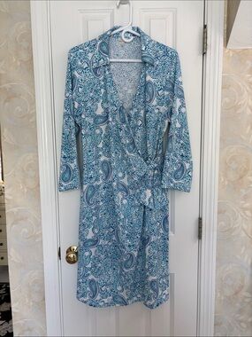 Talbots Factory Blue Paisley Faux Wrap Knit Dress with Long Sleeves
